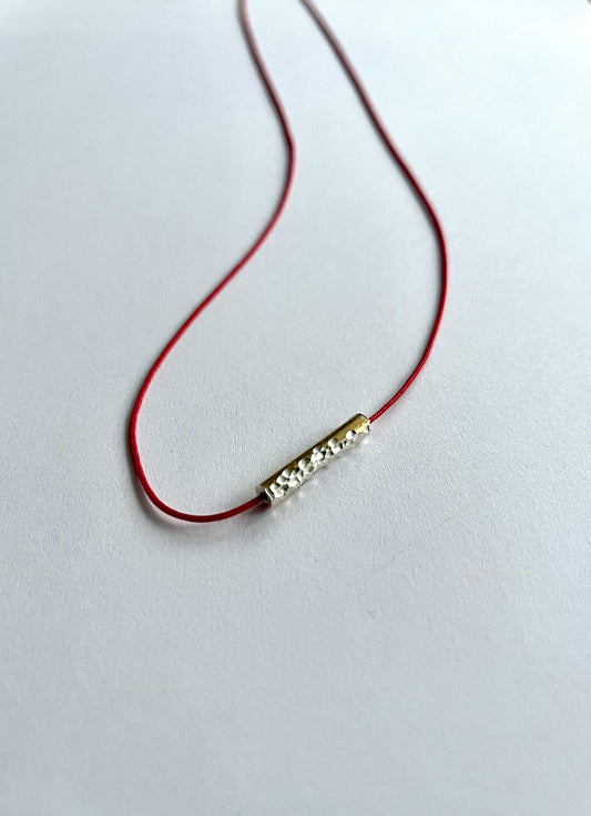 Carved Silver & Keum-boo Pendant – Red Cord